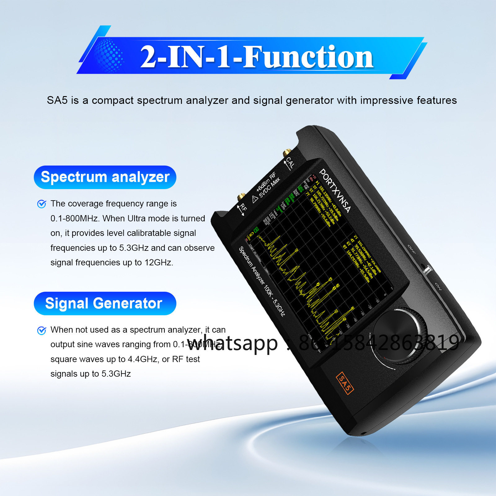 Signal Generator Spectrum Analyzer - SA5 draagbare spectrumanalysator, 100kHz-5,3GHz RF-signaalgenerator, 4-inch