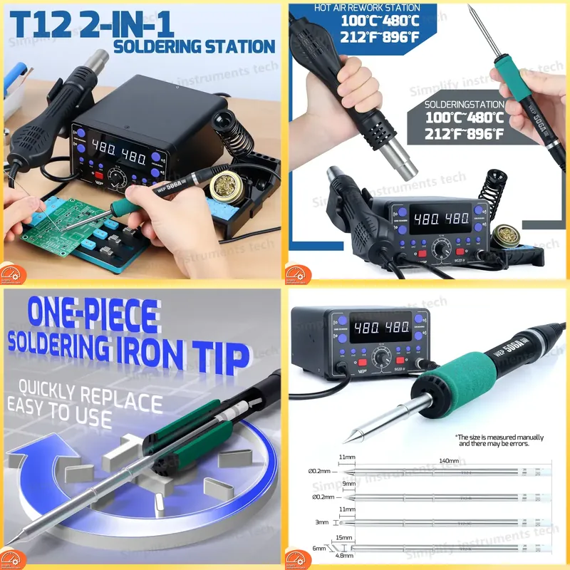 Hot Air Rework Station T12 - 775W Soldeerstation 2-in-1 Heteluchtstation met T12
