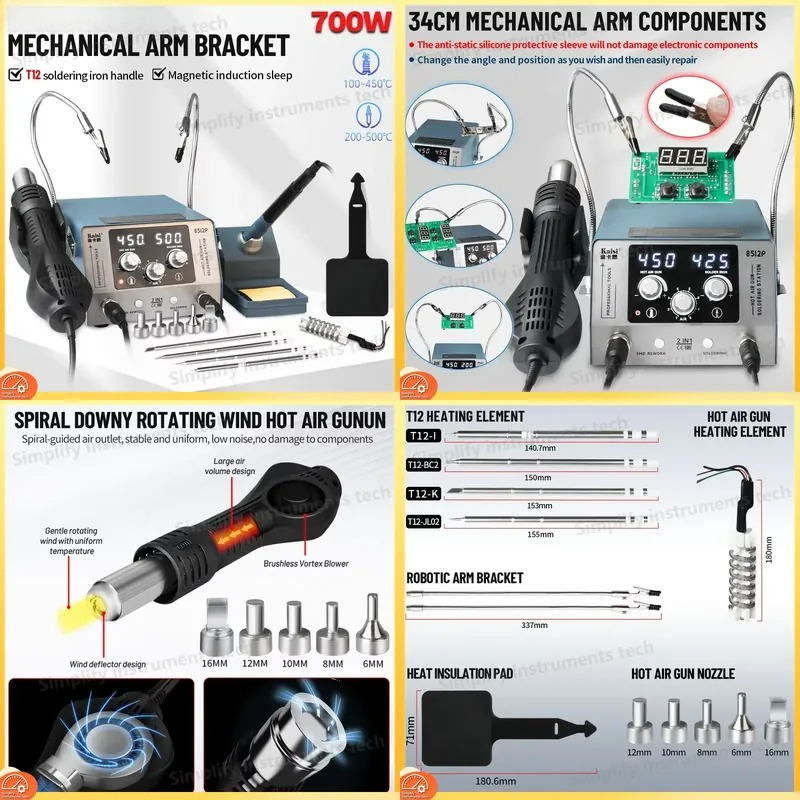 Hot Air Rework Station T12 - 8512P Soldeerstation 700W 2-in-1 Heteluchtstation met